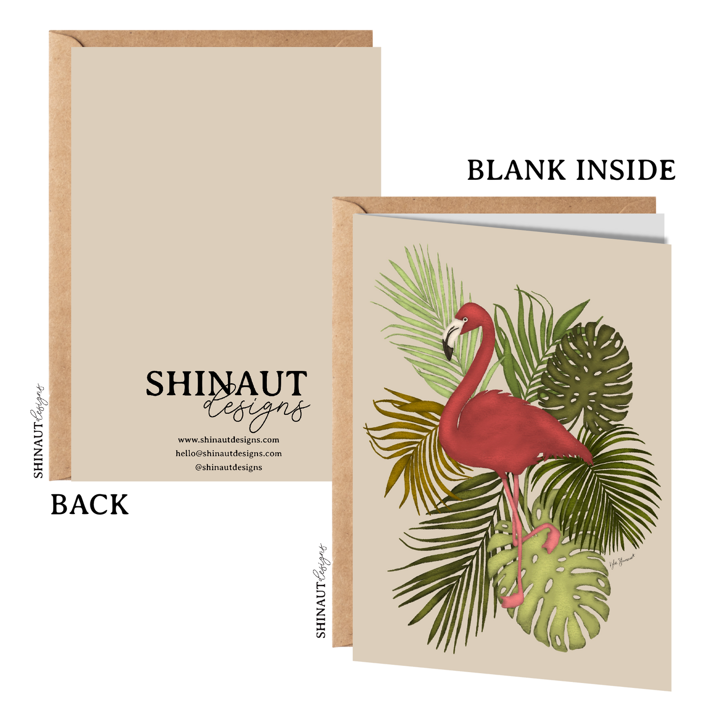 dark pink flamingo greeting card with kraft envelope showing front, inside and back of card