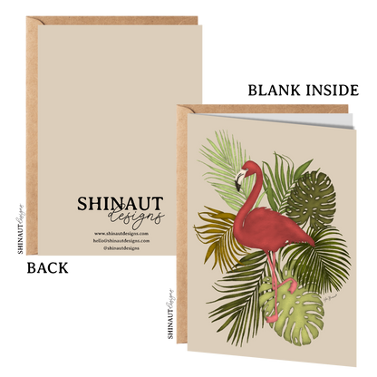 dark pink flamingo greeting card with kraft envelope showing front, inside and back of card