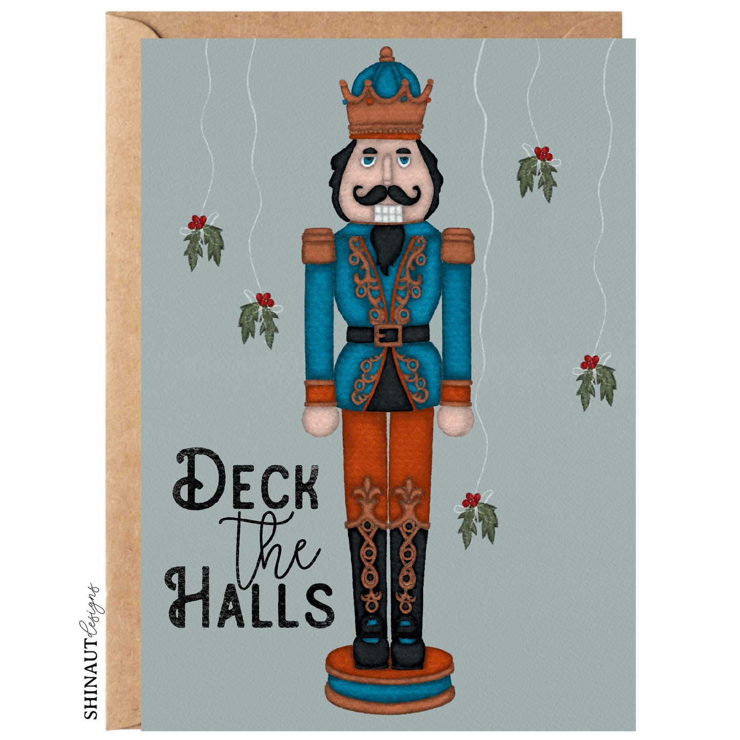 deck the halls nutcracker greeting card with kraft envelope