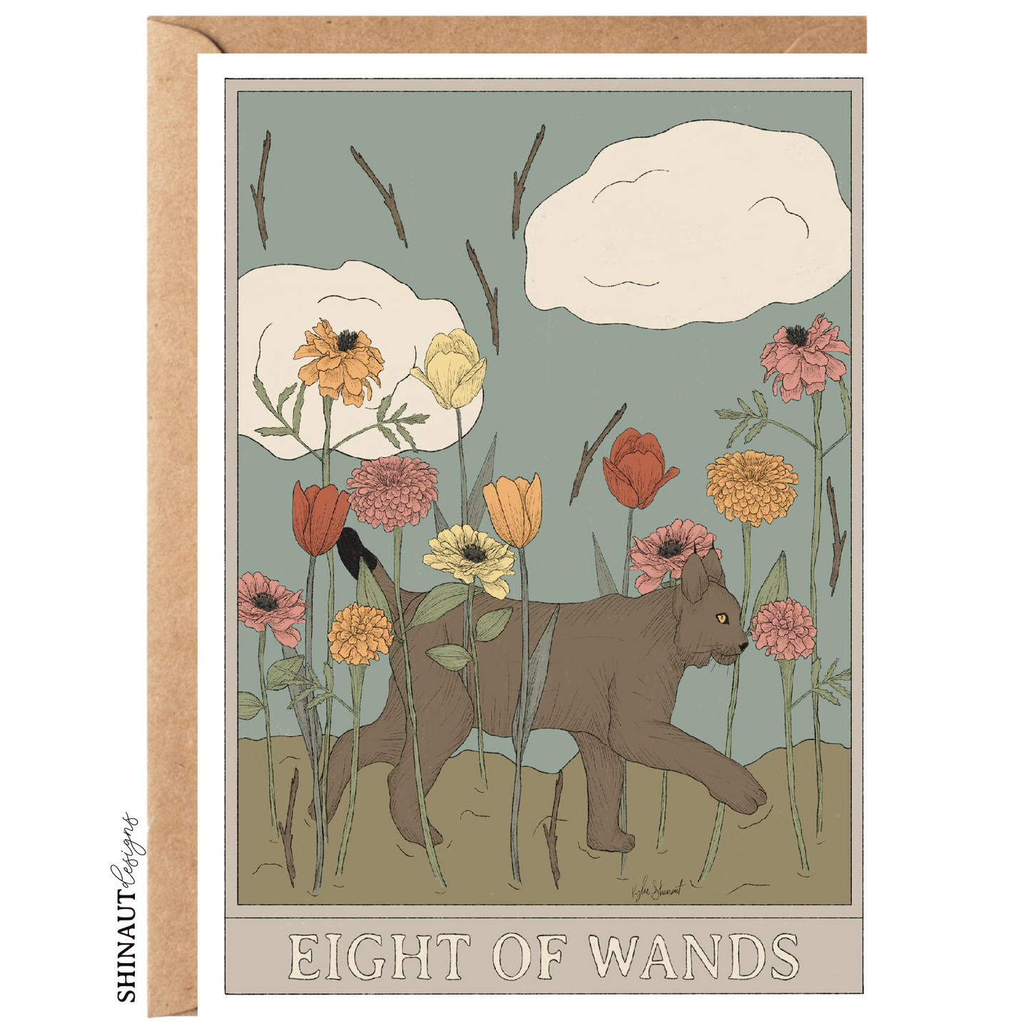 eight of wands tarot greeting card with kraft envelope