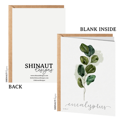 eucalyptus greeting card with kraft envelope showing front, inside and back of card