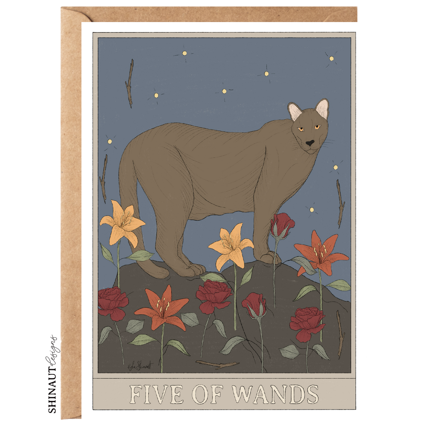 five of wands tarot greeting card with kraft envelope