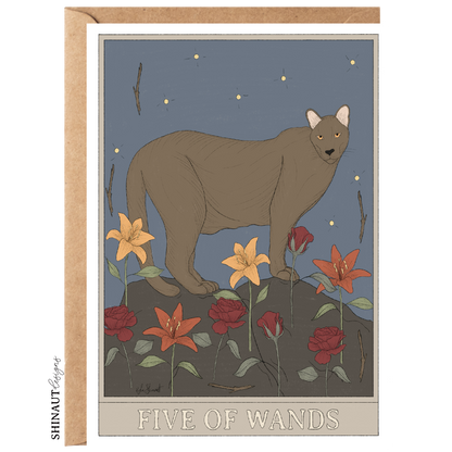 five of wands tarot greeting card with kraft envelope