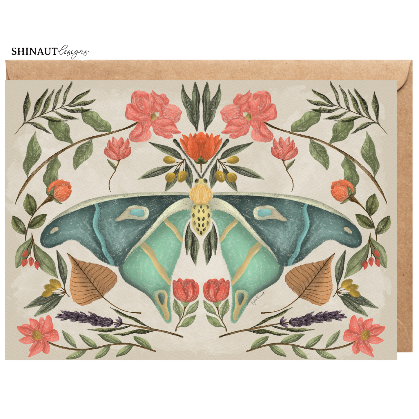 floral moth greeting card with kraft envelope