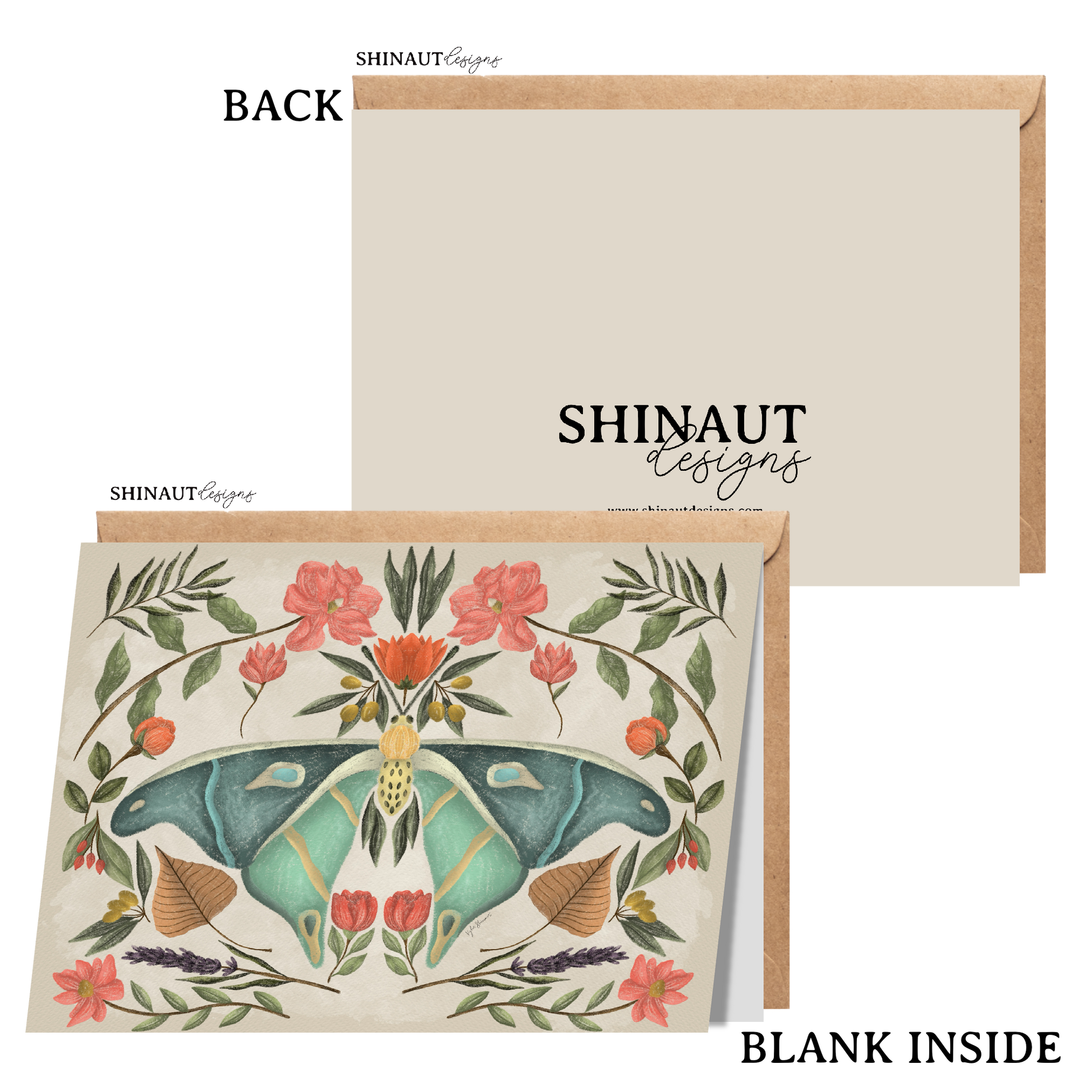 floral moth greeting card with kraft envelope showing front, inside and back of card
