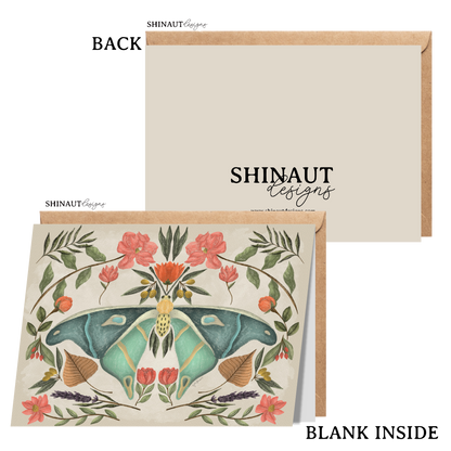 floral moth greeting card with kraft envelope showing front, inside and back of card