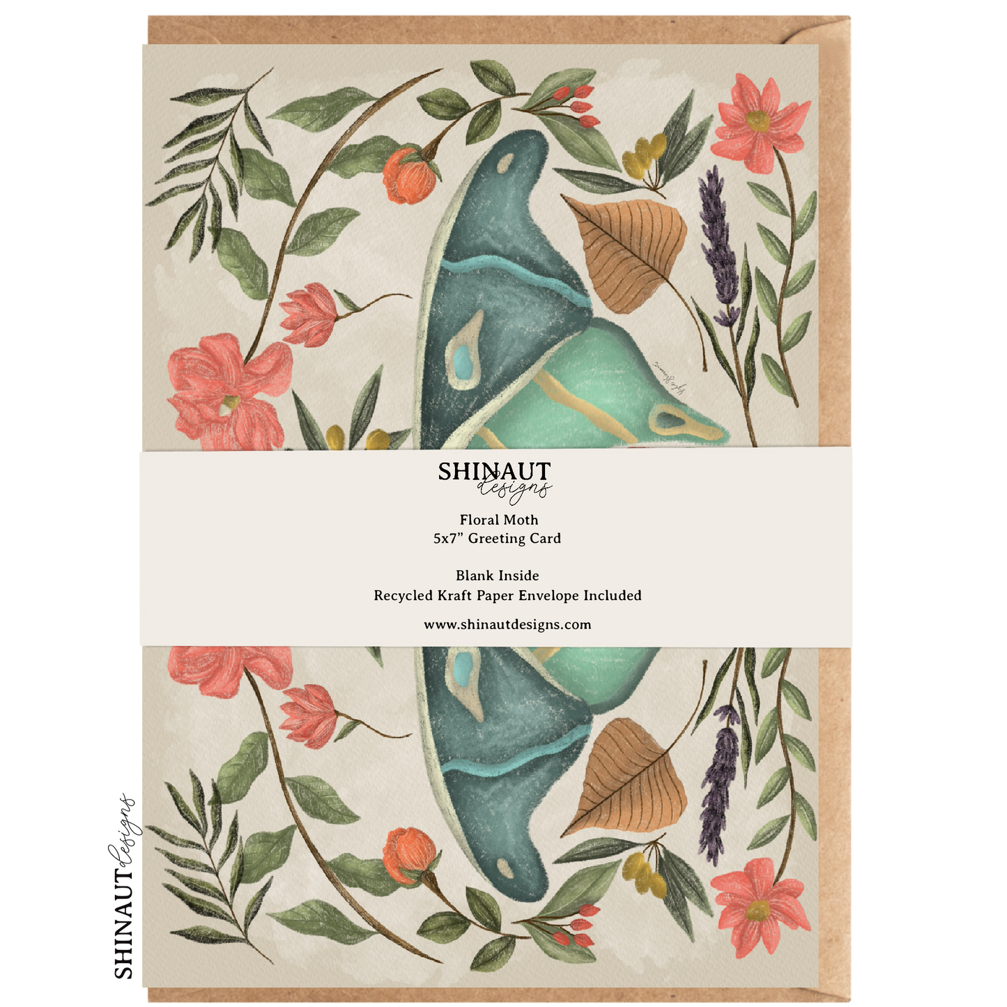 floral moth greeting card packaging