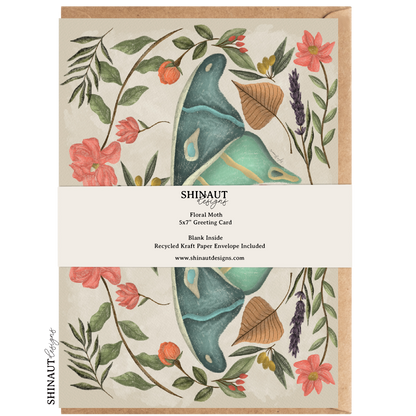 floral moth greeting card packaging