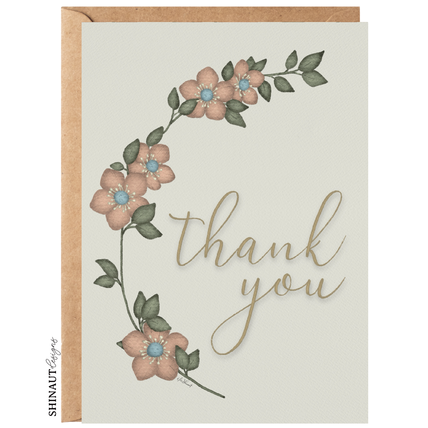 floral thank you greeting card with kraft envelope