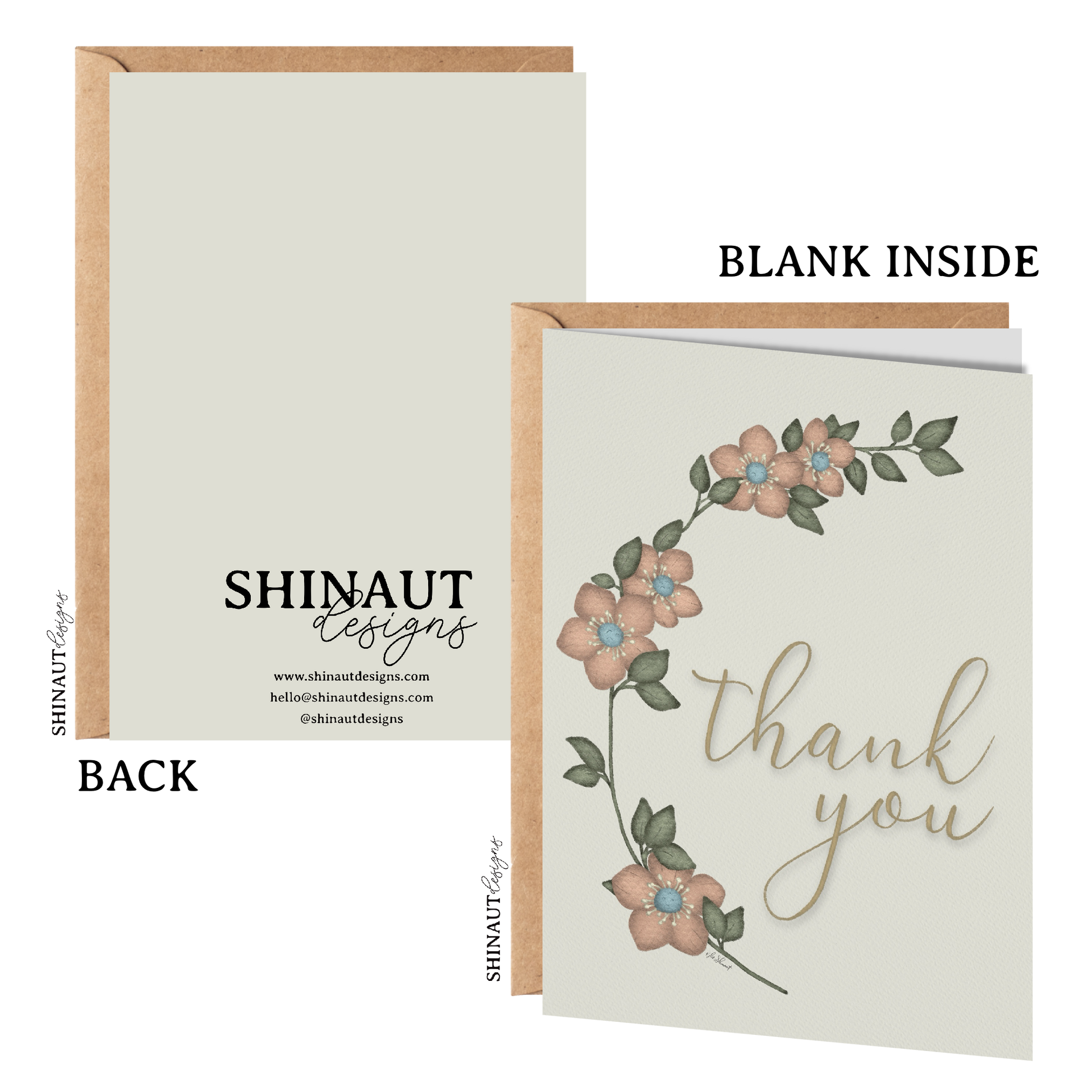 floral thank you greeting card with kraft envelope showing front, inside and back of card