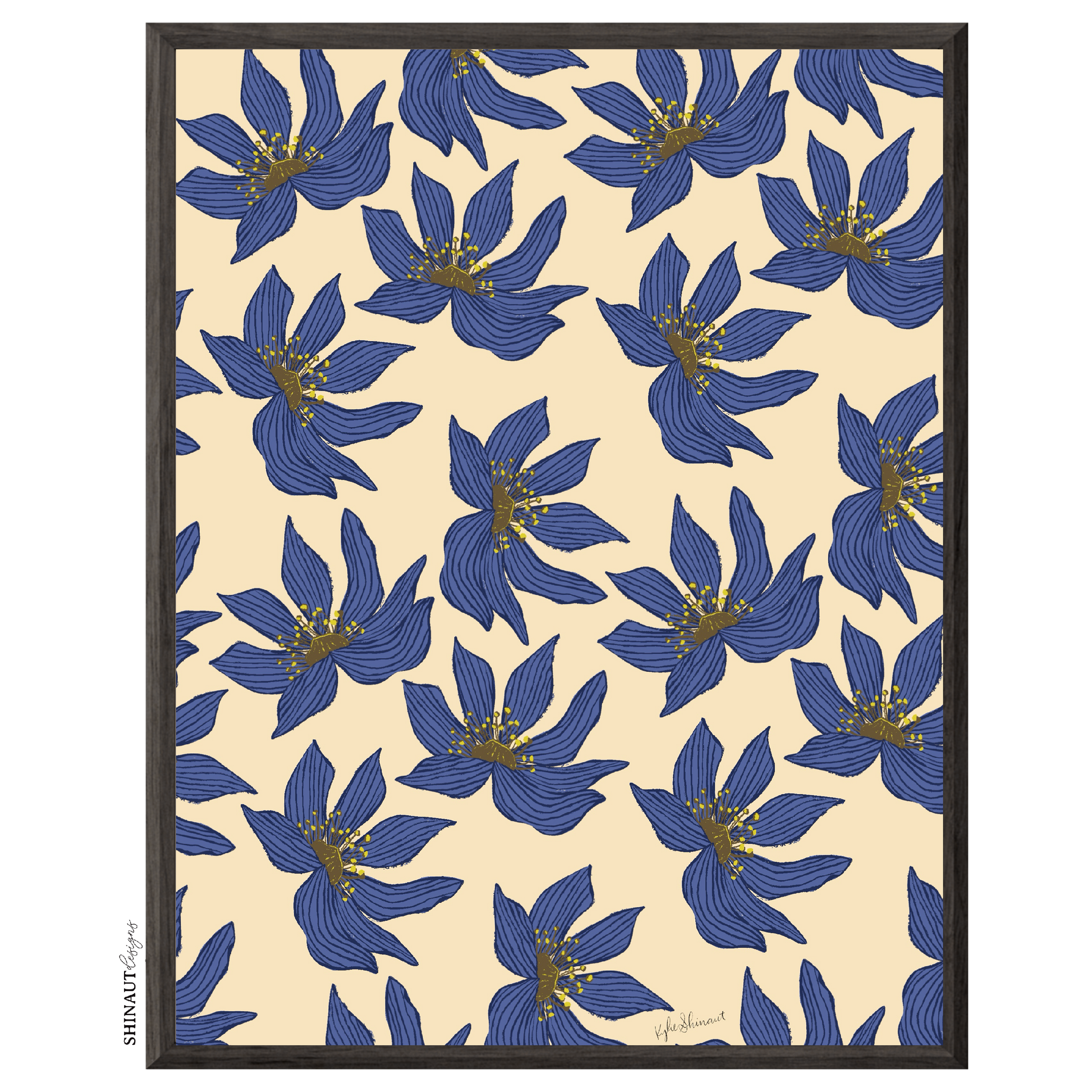 flower florets in blue art print in black picture frames