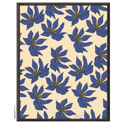 flower florets in blue art print in black picture frames