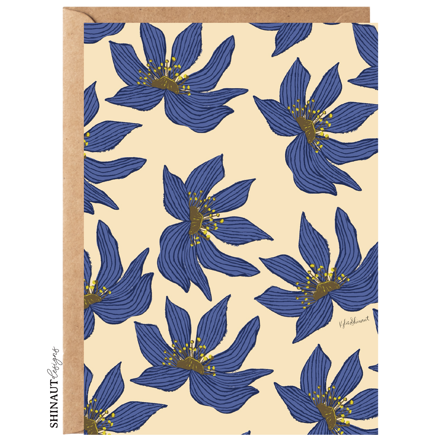 flower florets in blue greeting card with kraft envelope