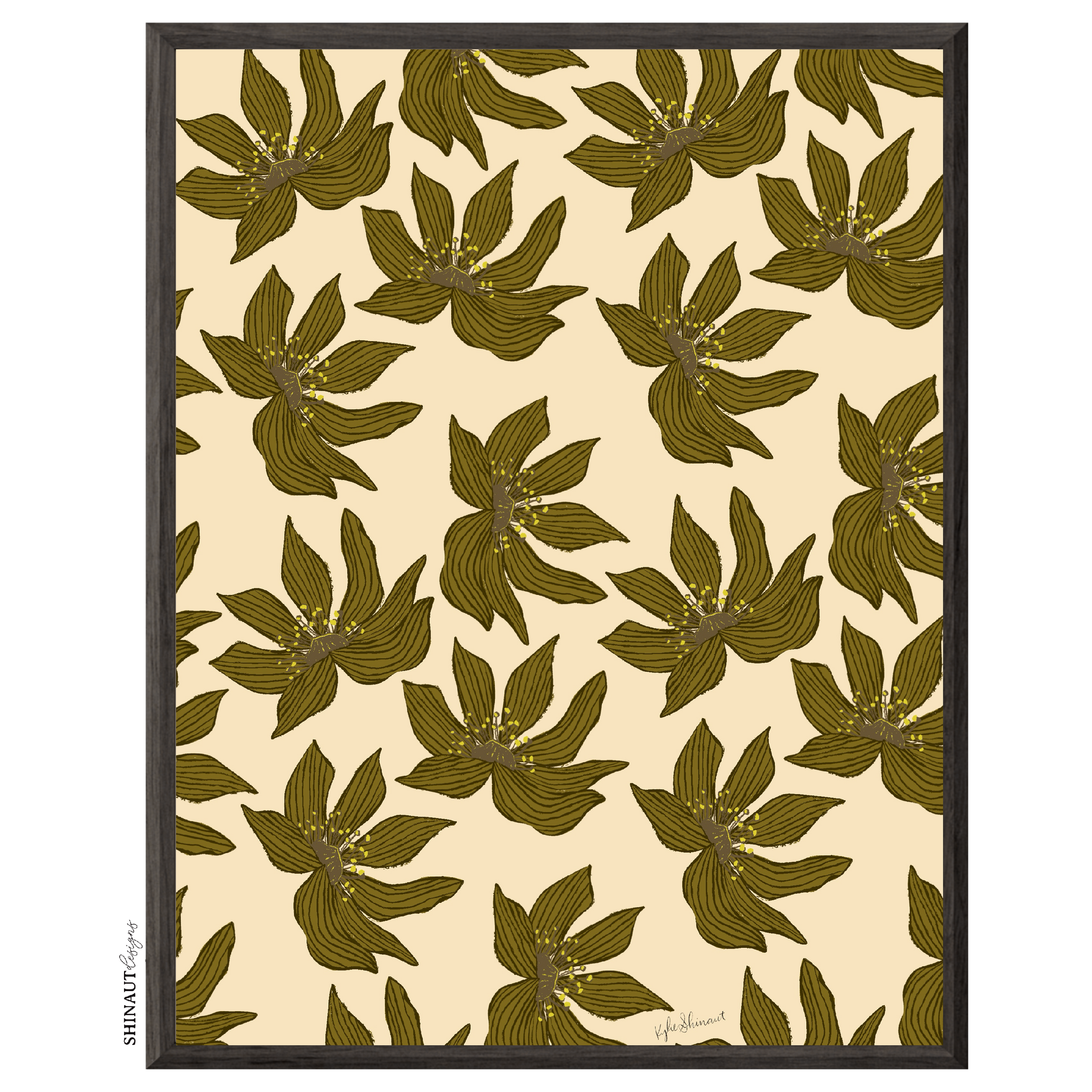 flower florets in mustard art print in black picture frames