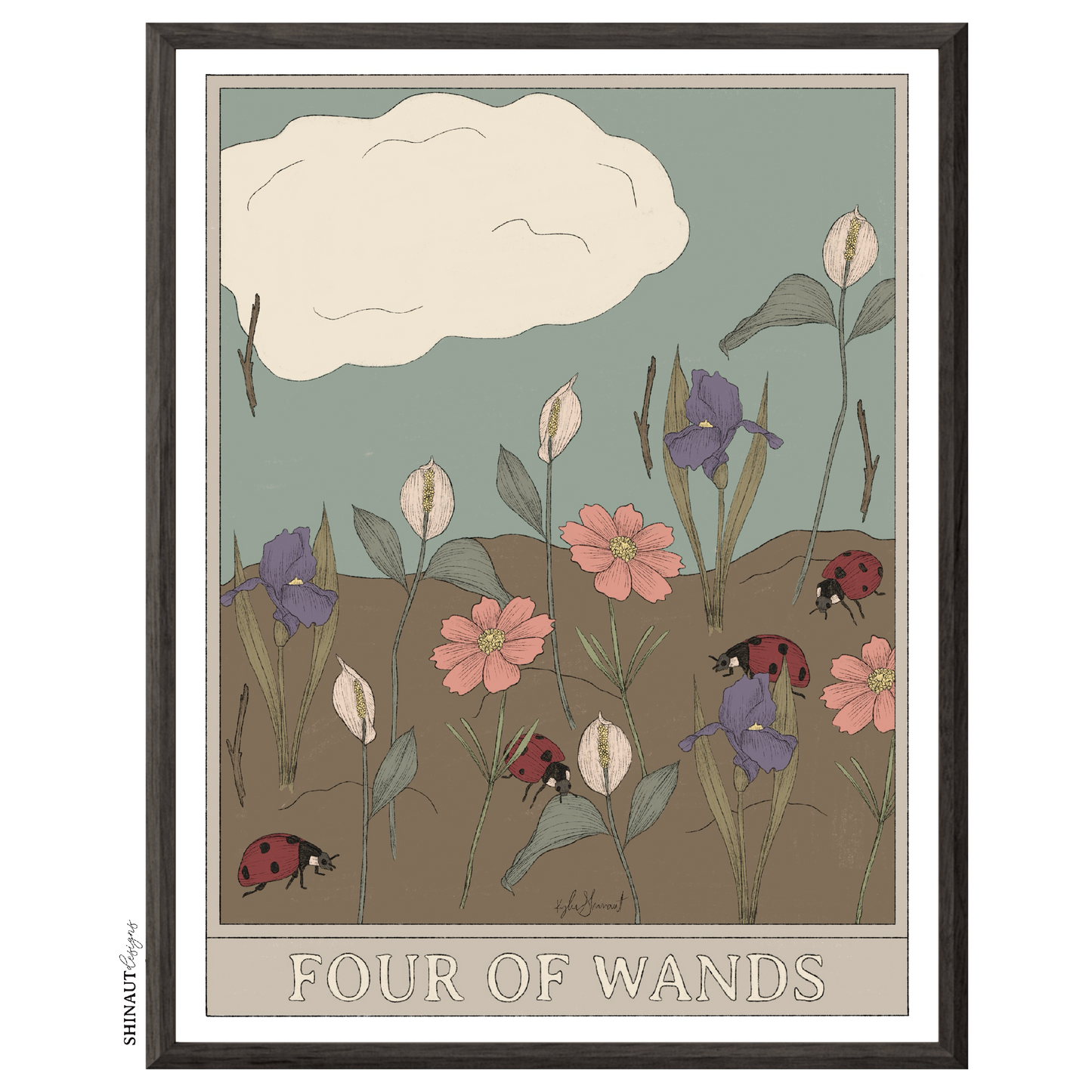 four of wands tarot art print in black picture frame