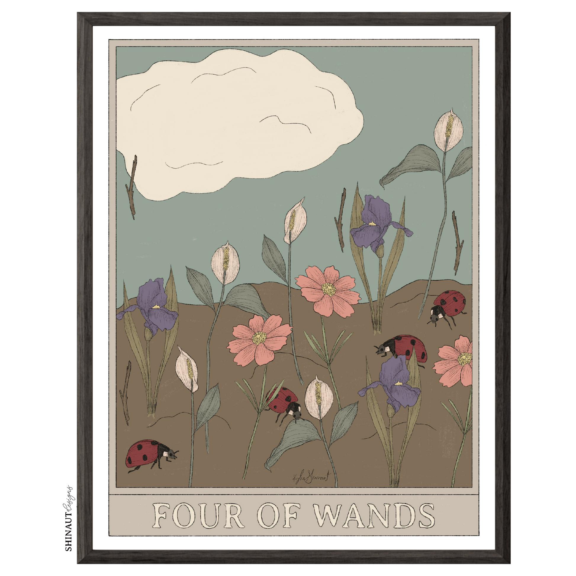 four of wands tarot art print in black picture frame