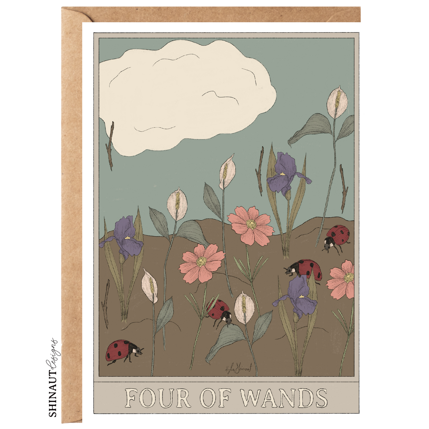 four of wands tarot greeting card with kraft envelope