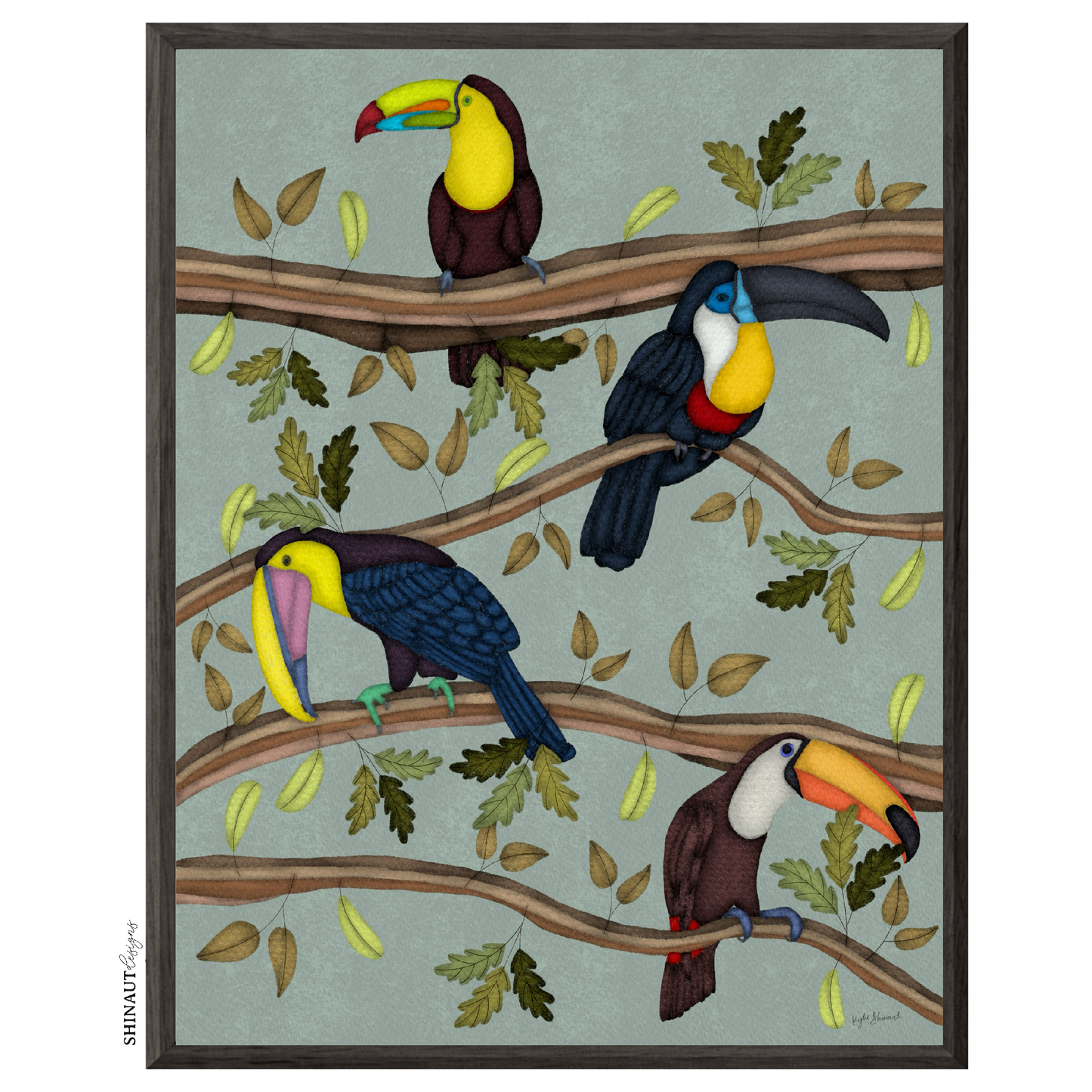 four toucans on branches art print in black picture frames