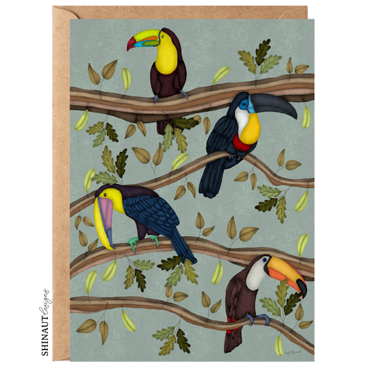 four toucans on branches greeting card with kraft envelope