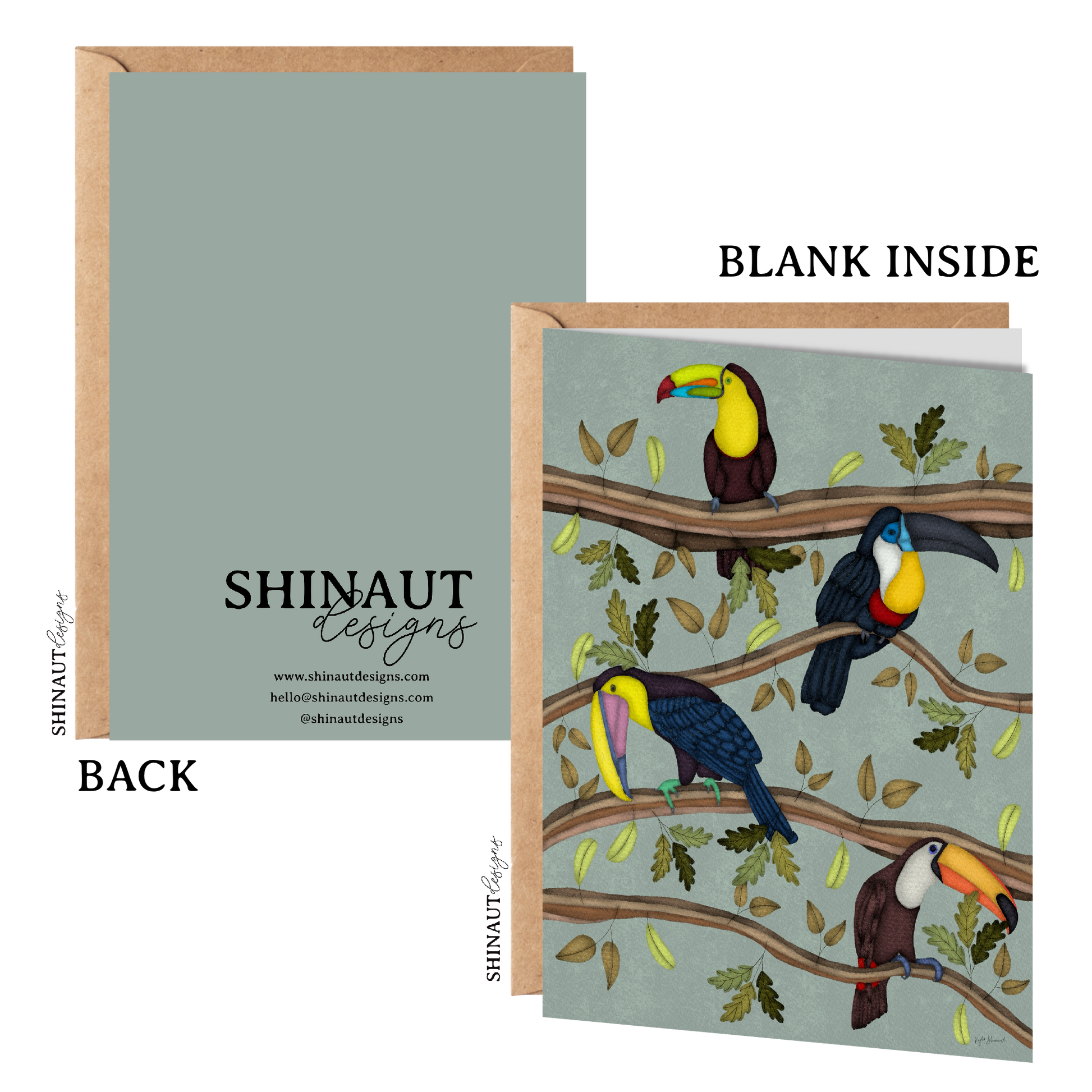 four toucans on branches greeting card with kraft envelope showing front, inside and back of card