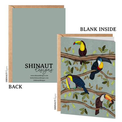 four toucans on branches greeting card with kraft envelope showing front, inside and back of card