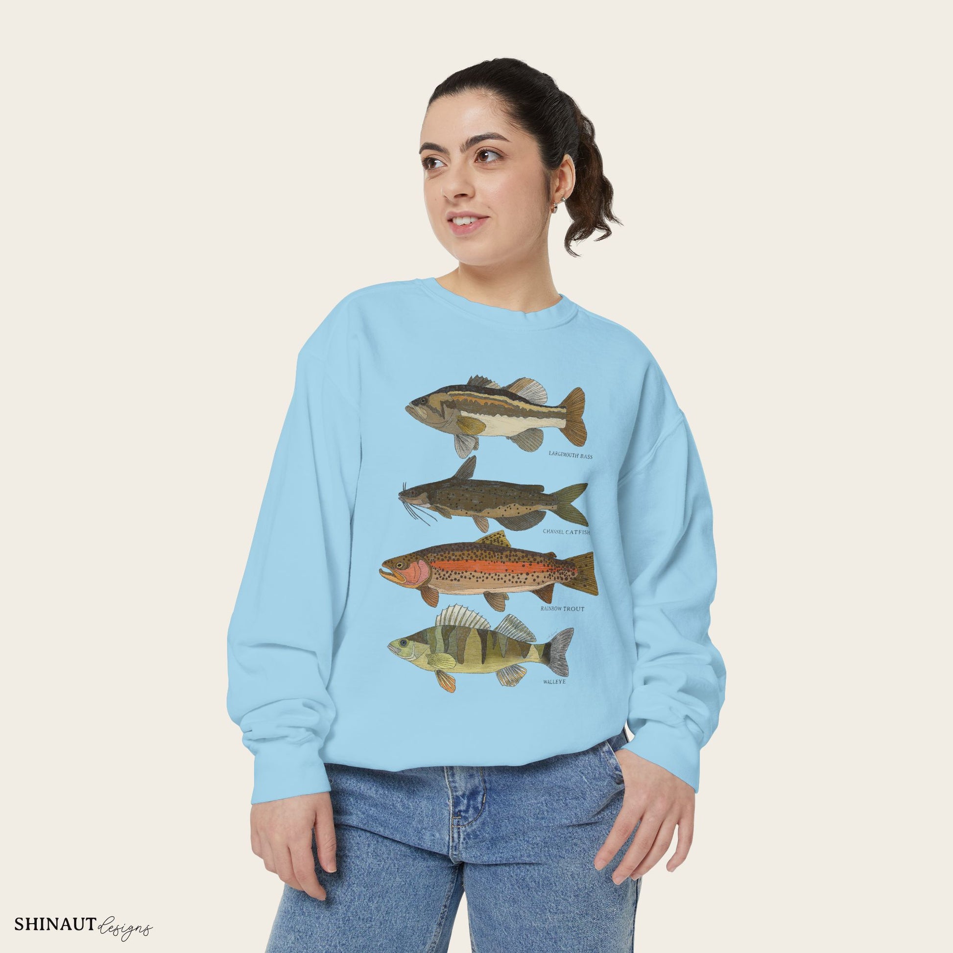 freshwater fish crewneck in chambray female model