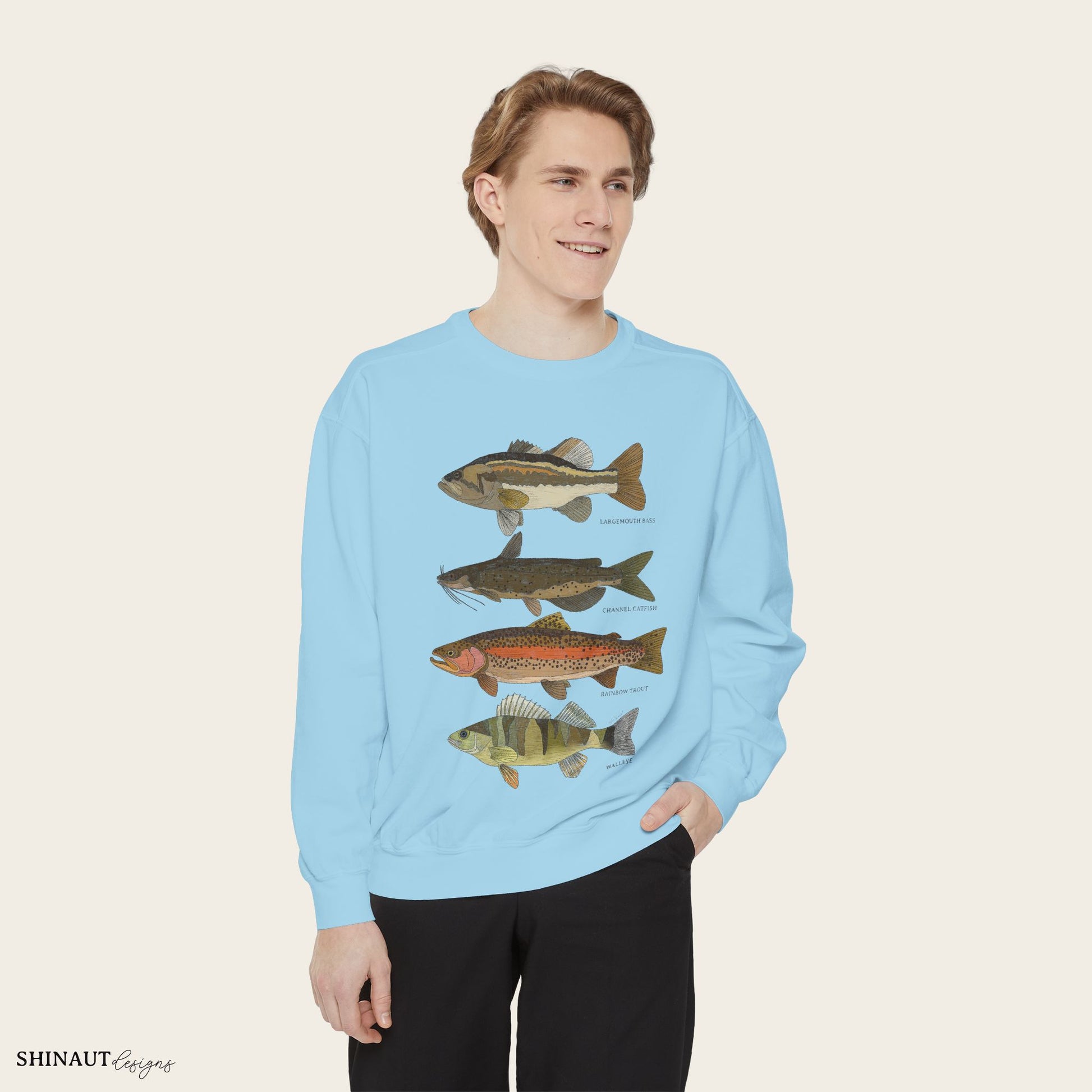 freshwater fish crewneck in chambray male model