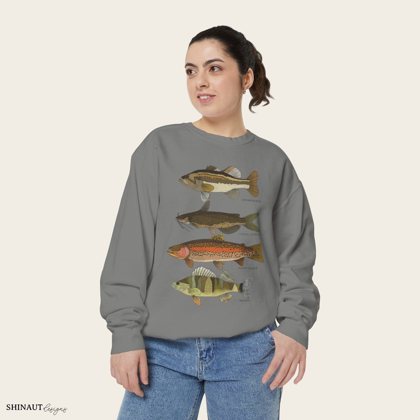 freshwater fish crewneck in grey female model