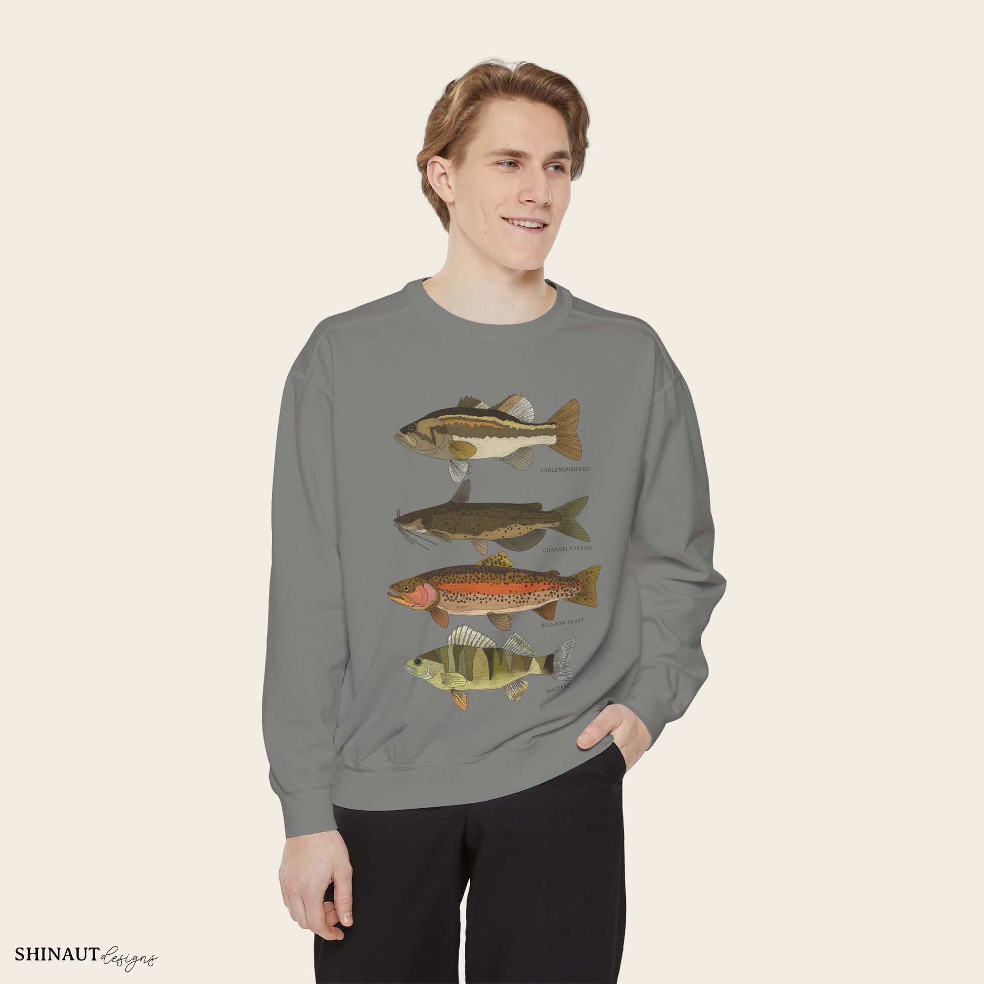 freshwater fish crewneck in grey male model