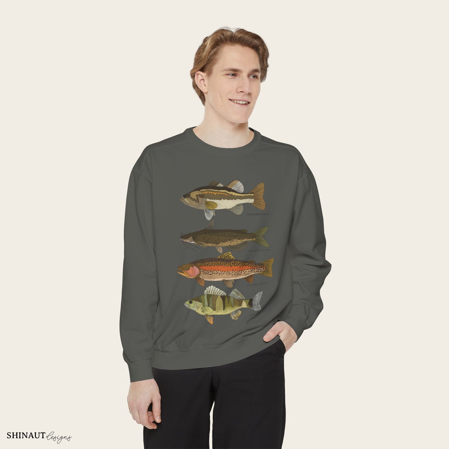 freshwater fish crewneck in pepper male model