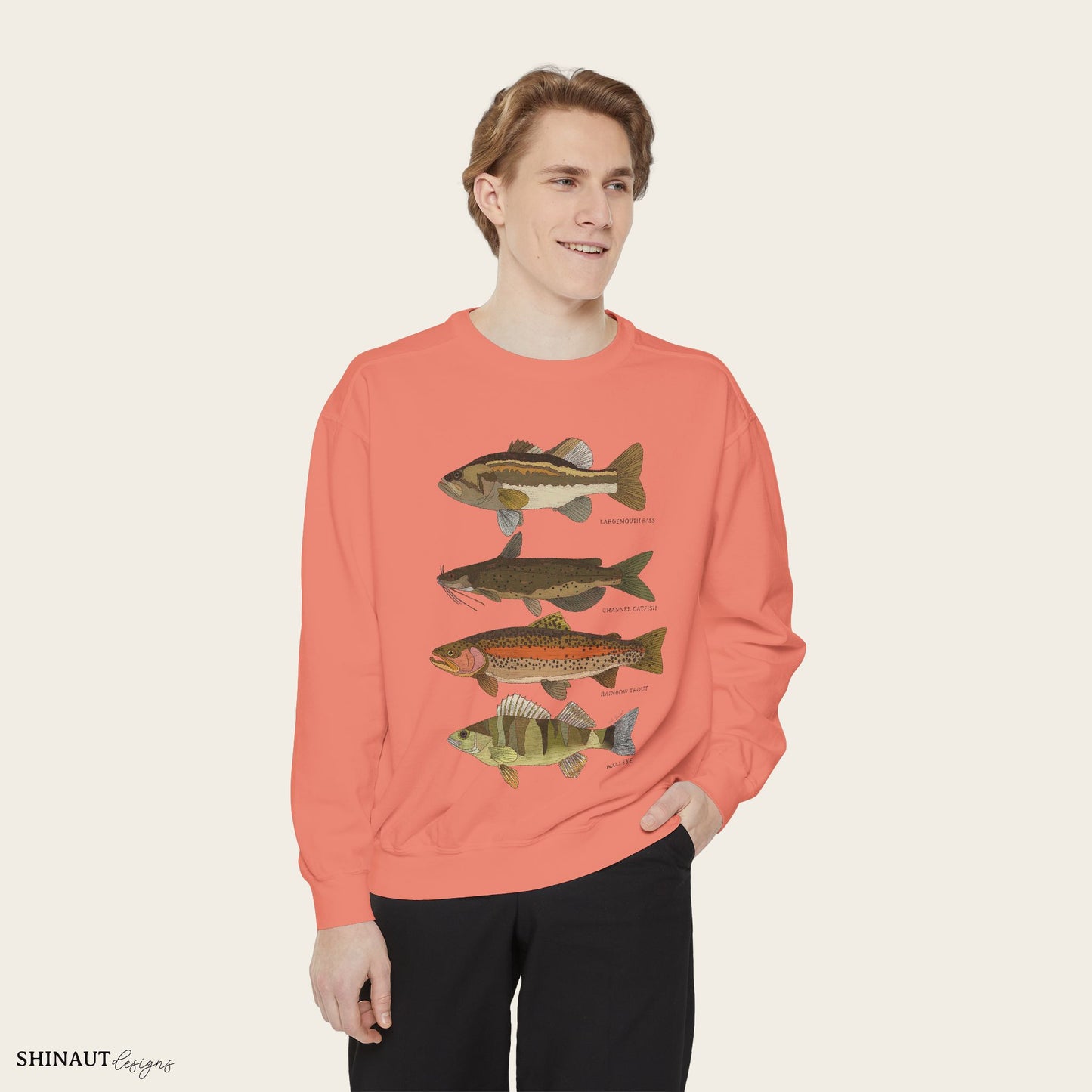 freshwater fish crewneck in terracotta male model