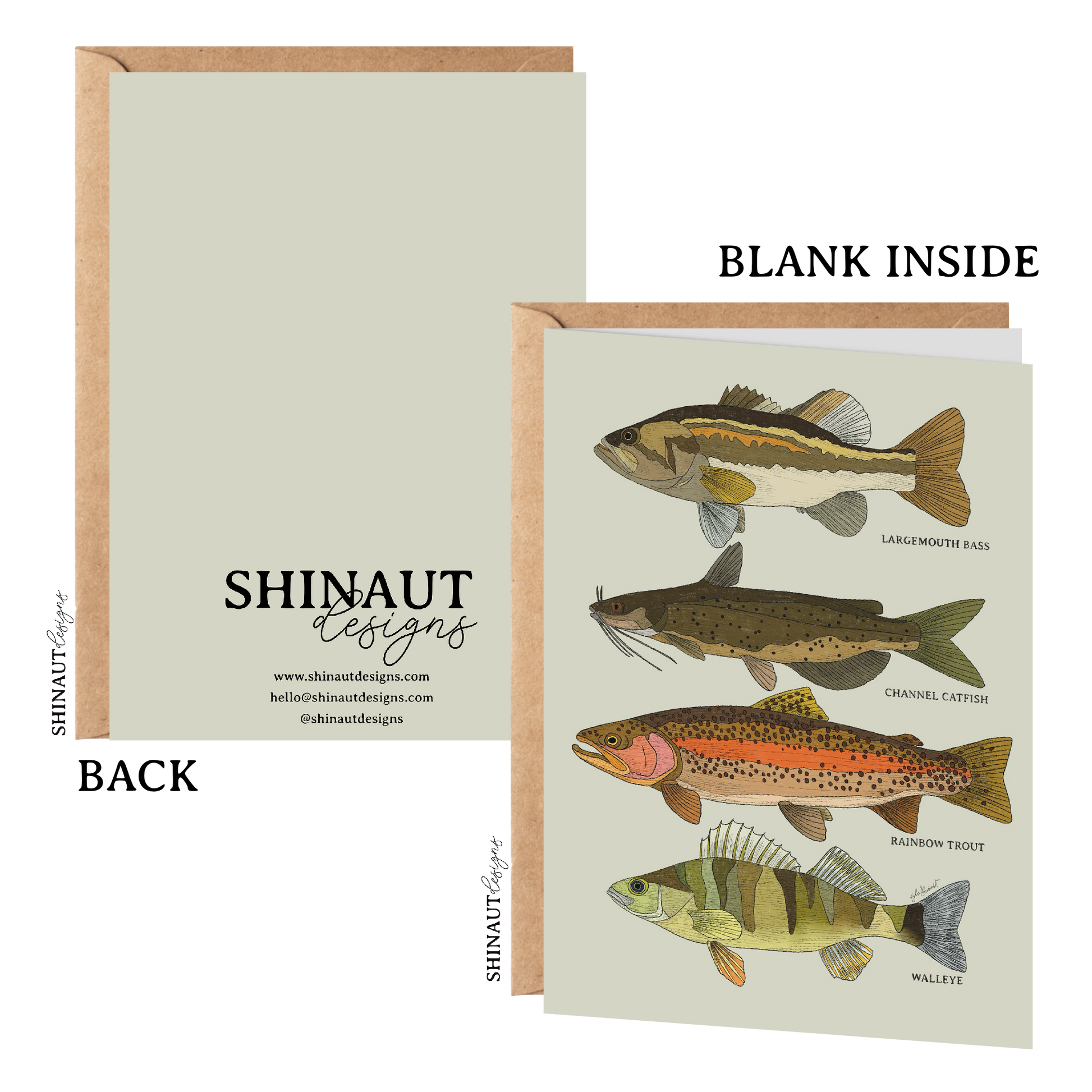 freshwater fish greeting card front and back with kraft envelope