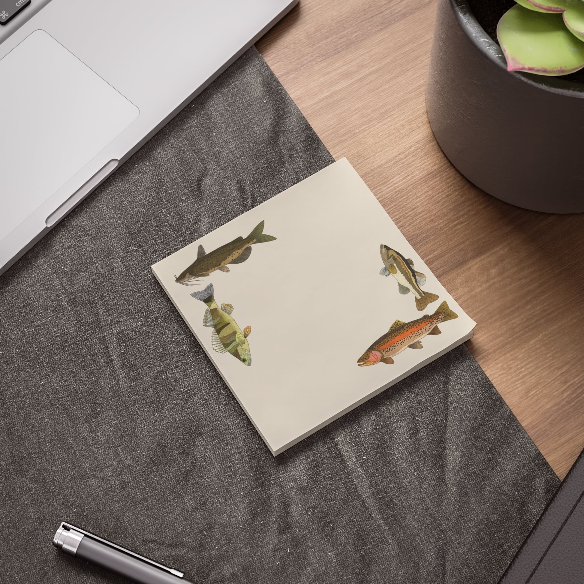 freshwater fish post it note 4x4 desk with pen and plant