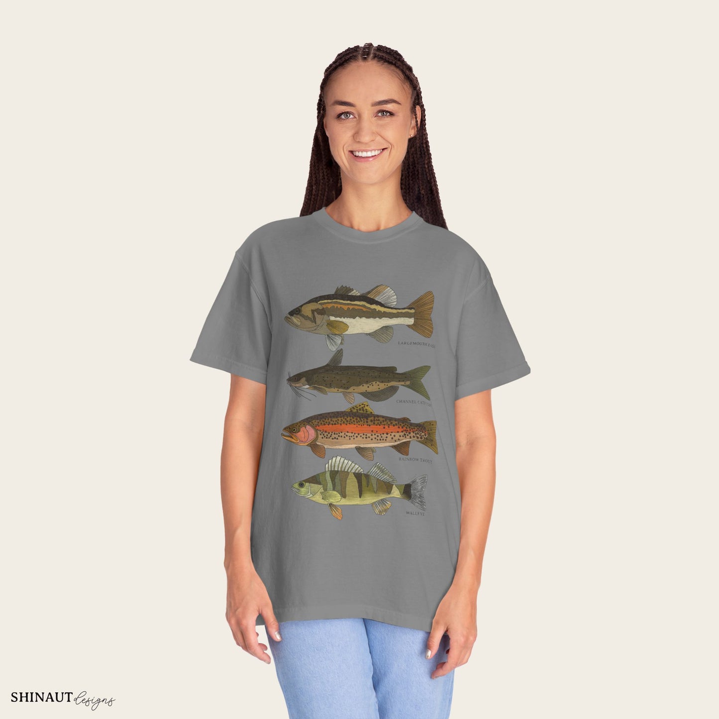 freshwater fish t-shirt in grey female model