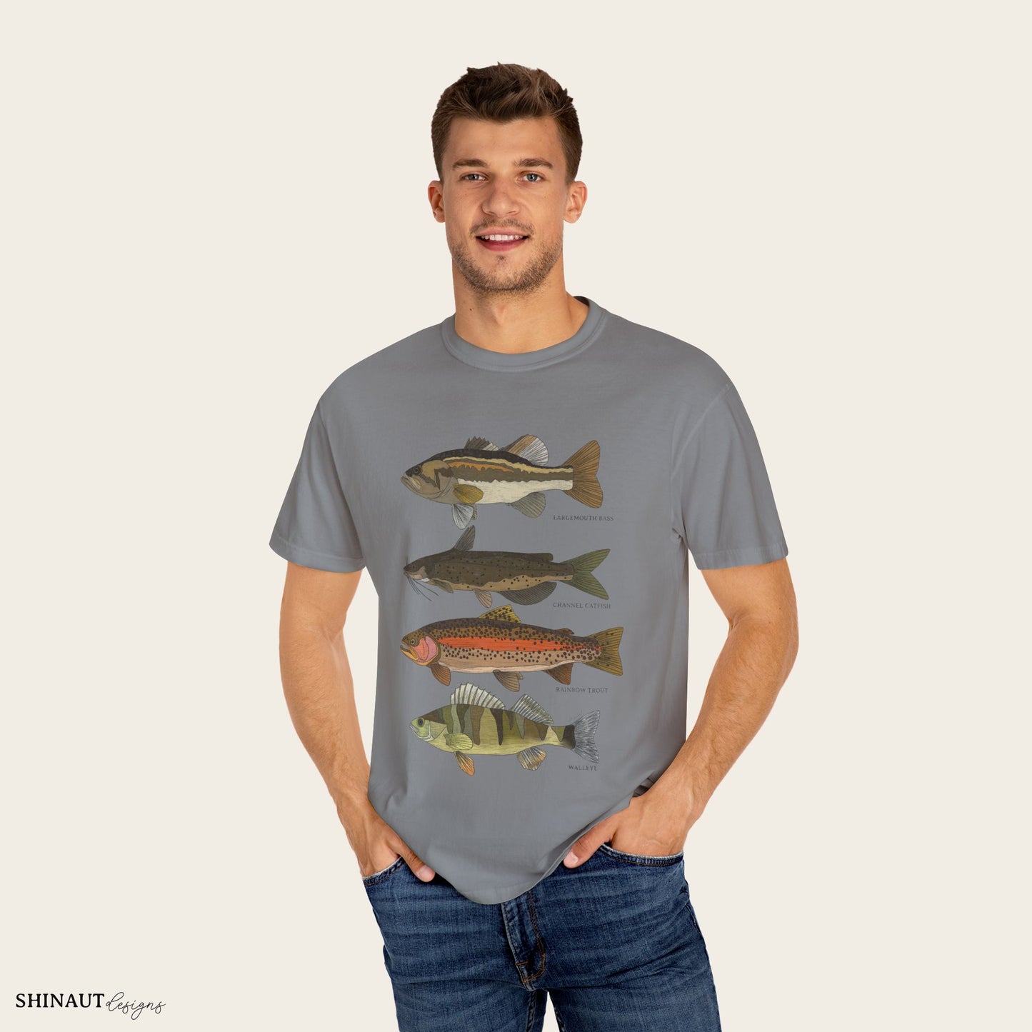 freshwater fish t-shirt in grey male model