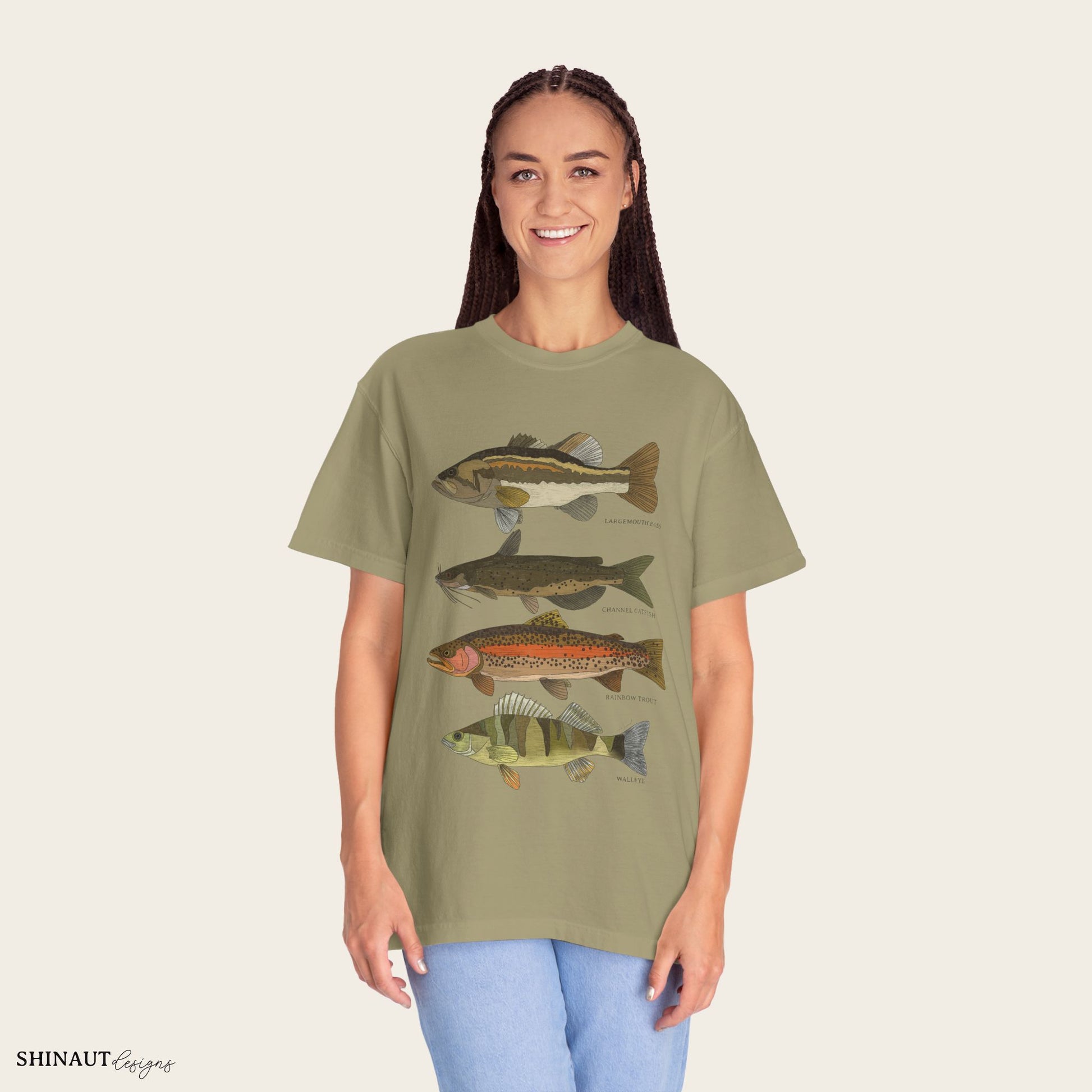 freshwater fish t-shirt in khaki female model