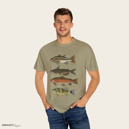 freshwater fish t-shirt in khaki male model