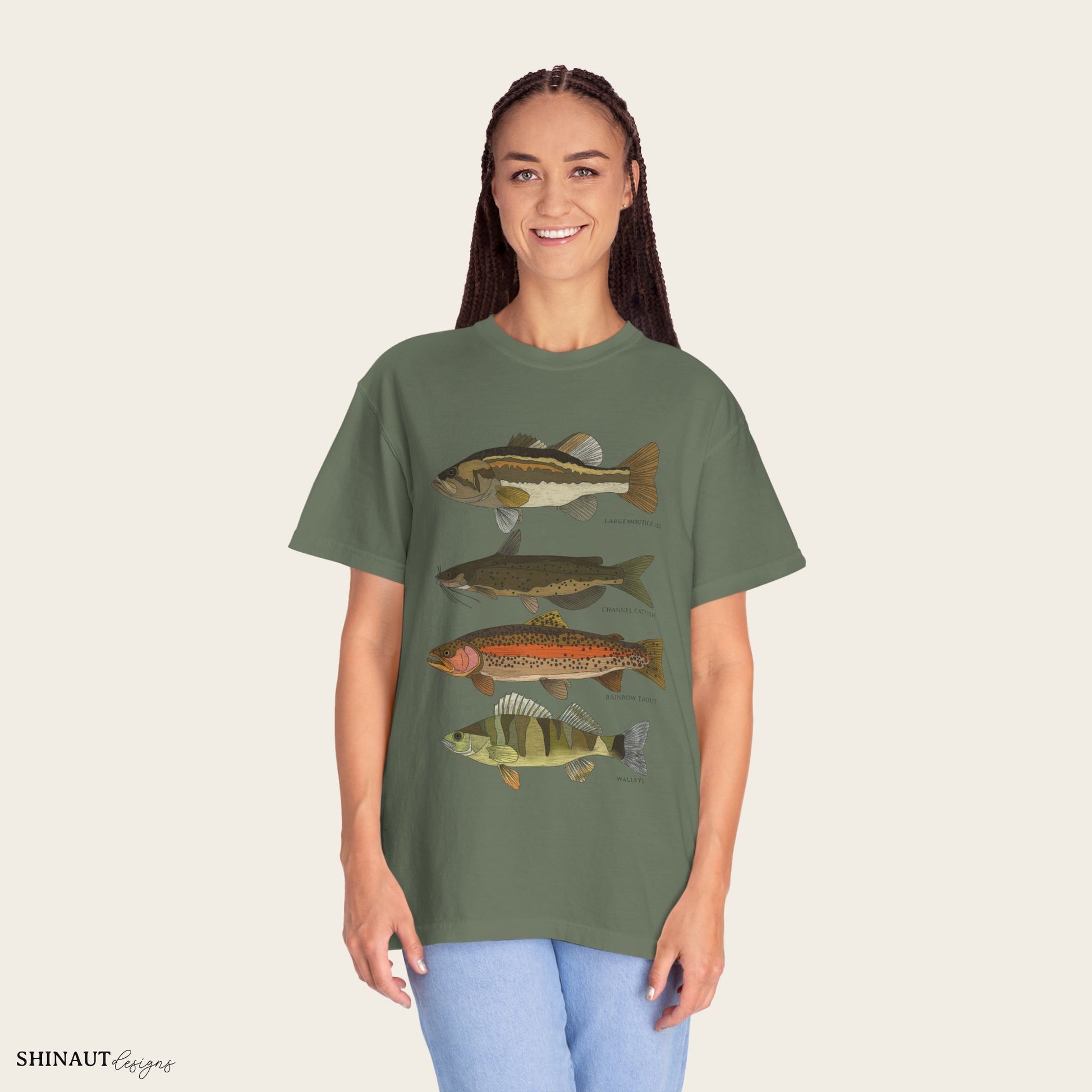 freshwater fish t-shirt in moss female model