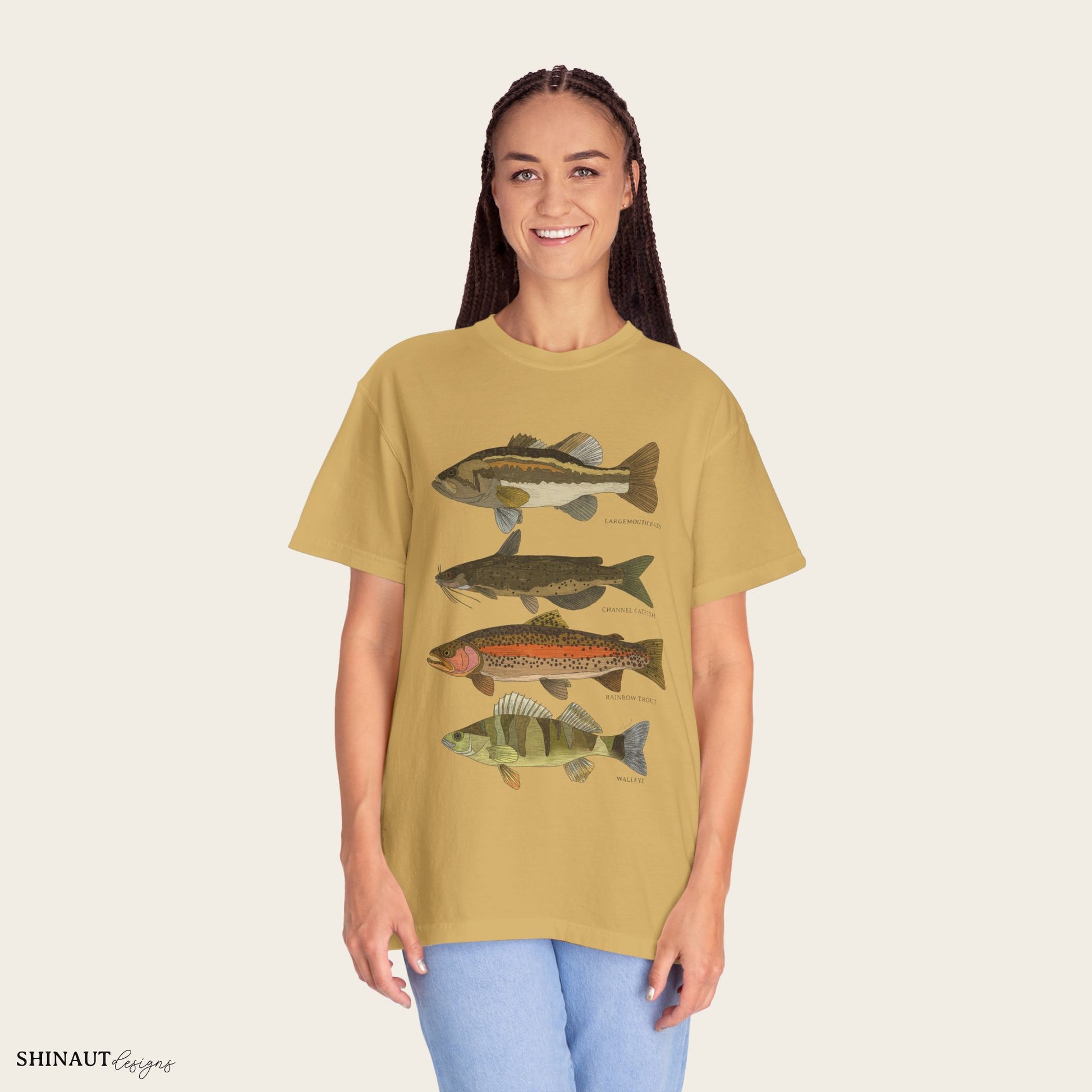 freshwater fish t-shirt in mustard female model