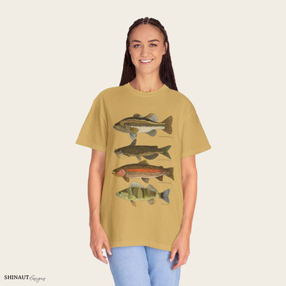 freshwater fish t-shirt in mustard female model