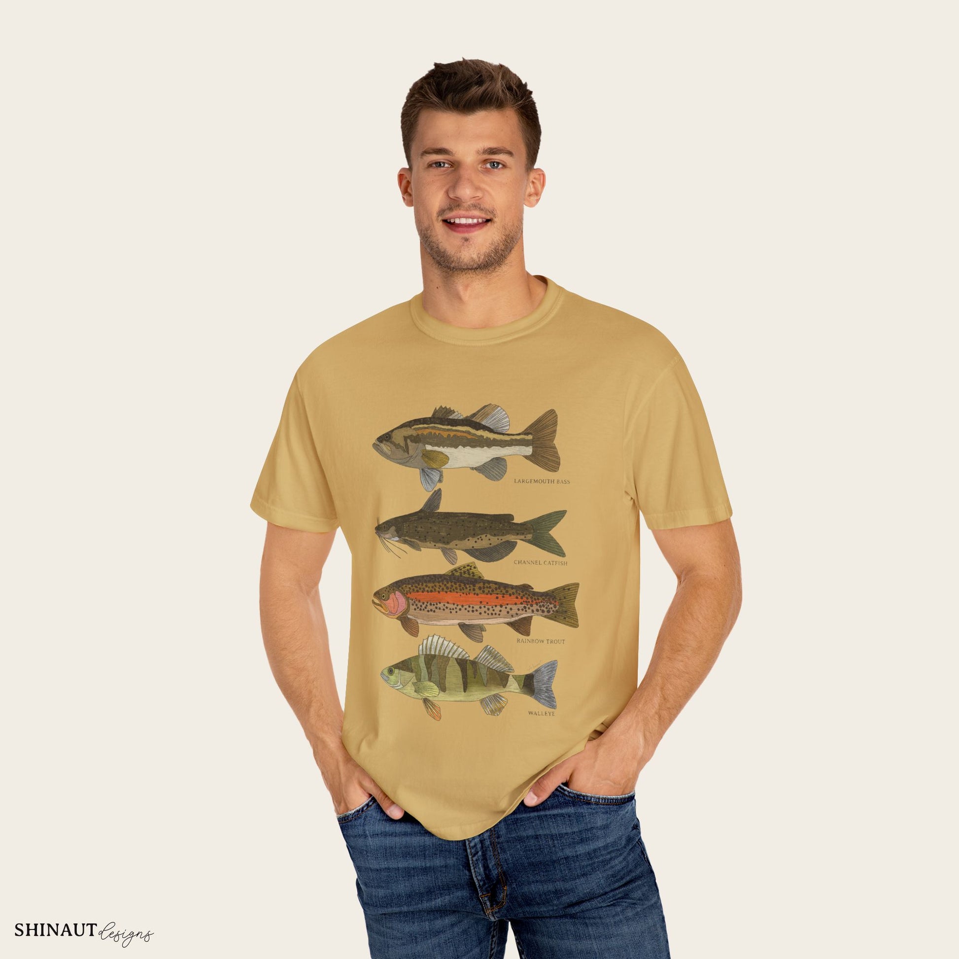 freshwater fish t-shirt in mustard male model