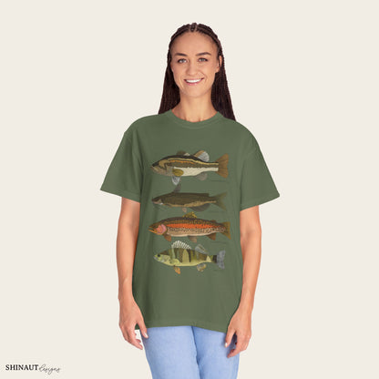 freshwater fish t-shirt in sage female model