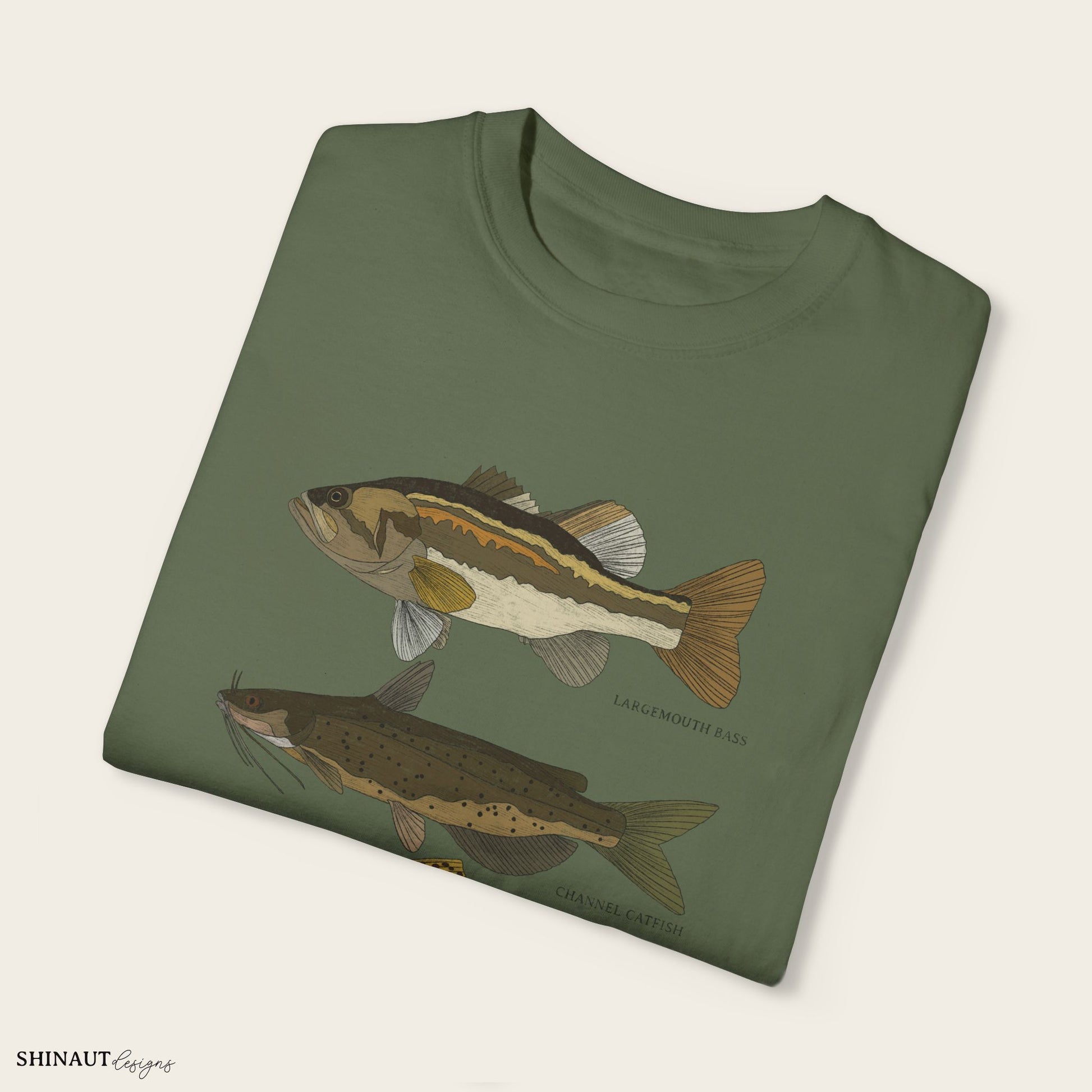 freshwater fish t-shirt in sage folded