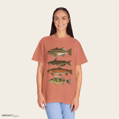 freshwater fish t-shirt in terracotta female model