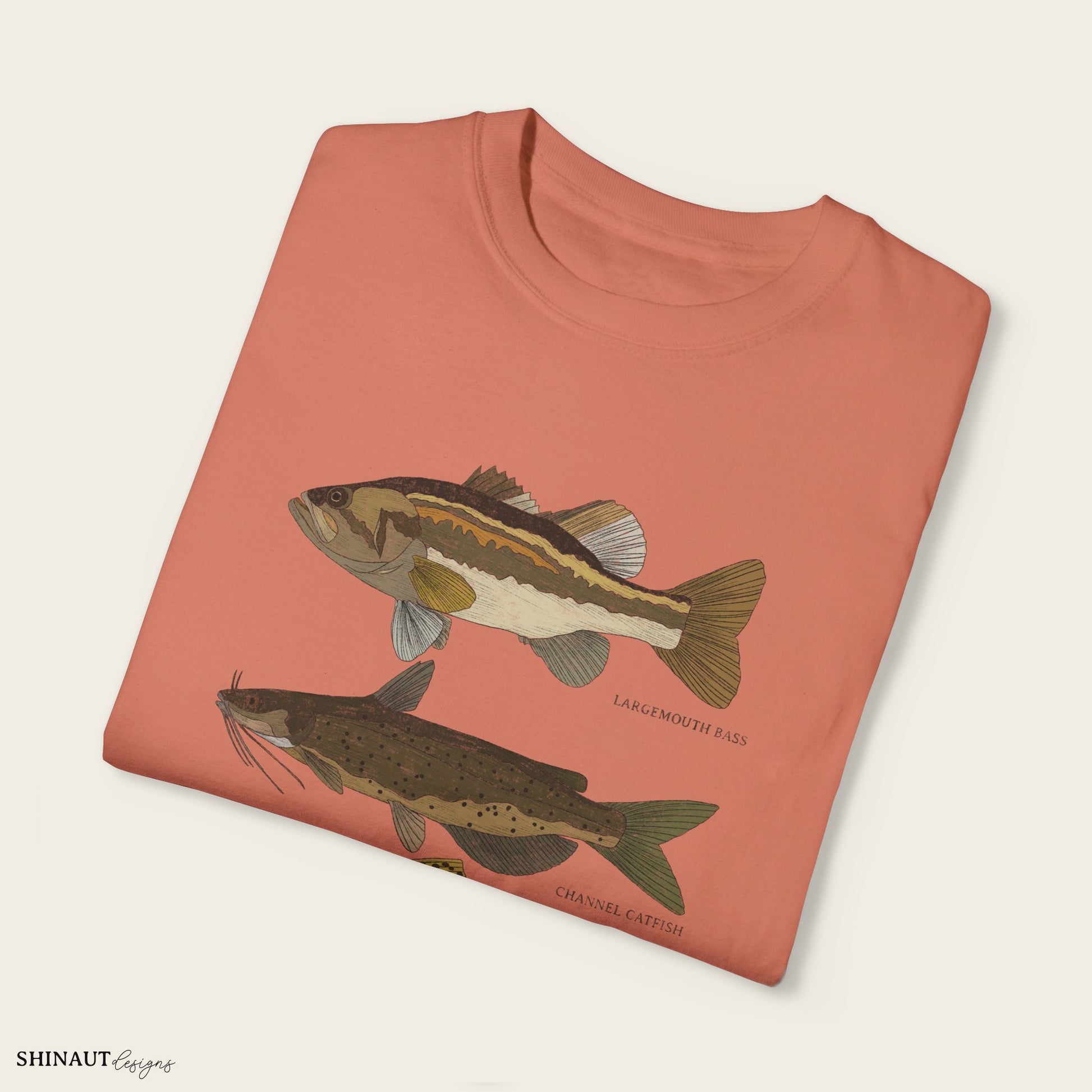 freshwater fish t-shirt in terracotta folded