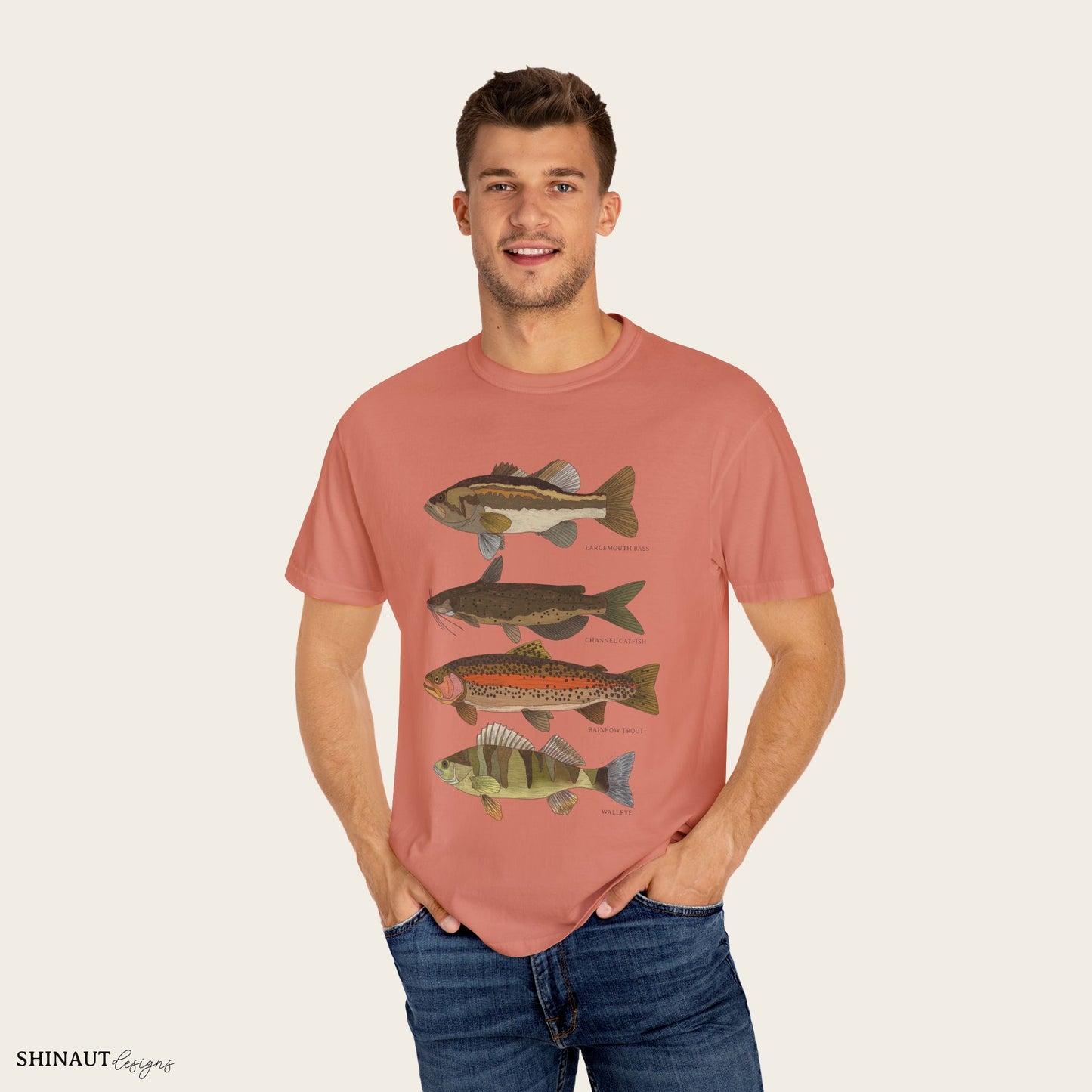 freshwater fish t-shirt in terracotta male model