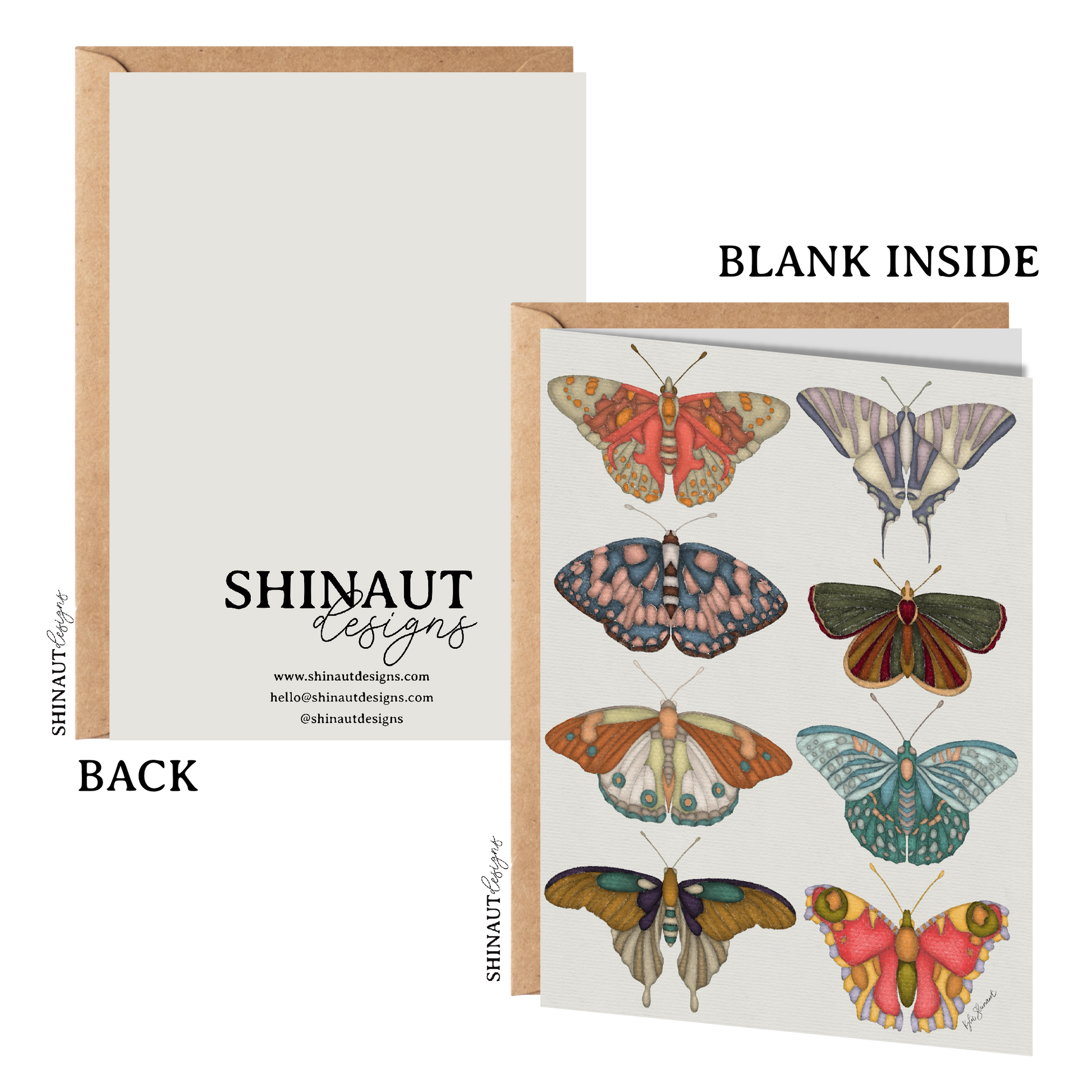 garden butterfly greeting card with kraft envelope showing front, inside and back of card