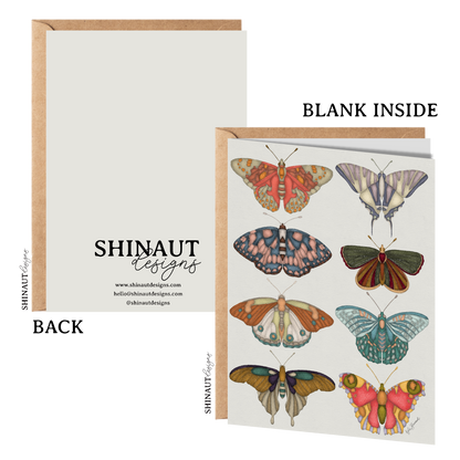 garden butterfly greeting card with kraft envelope showing front, inside and back of card