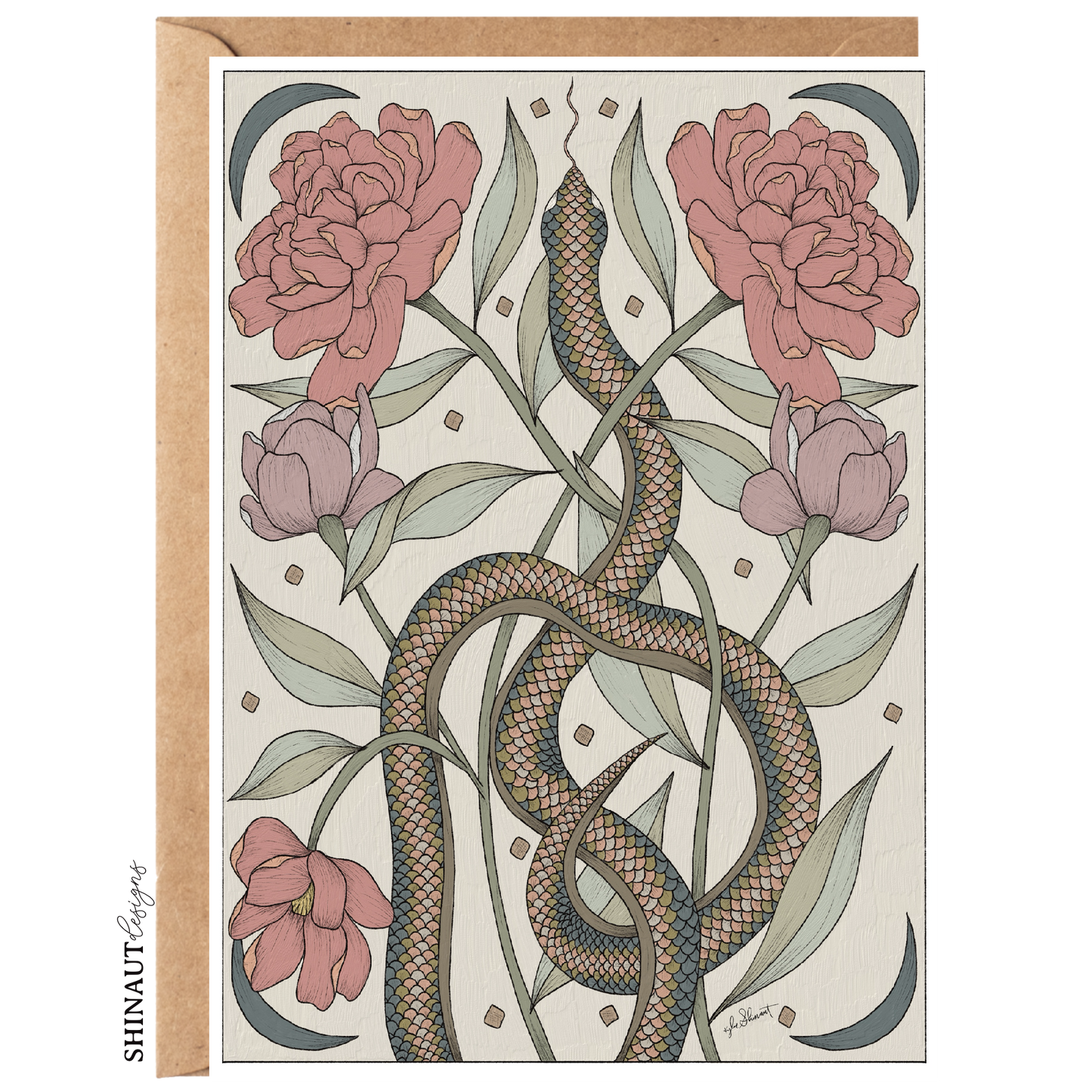 garden snake nouveau greeting card with kraft envelope