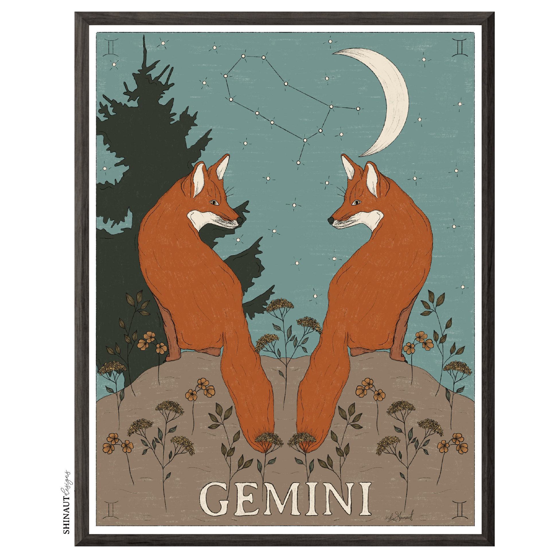 gemini zodiac art print in black picture frame